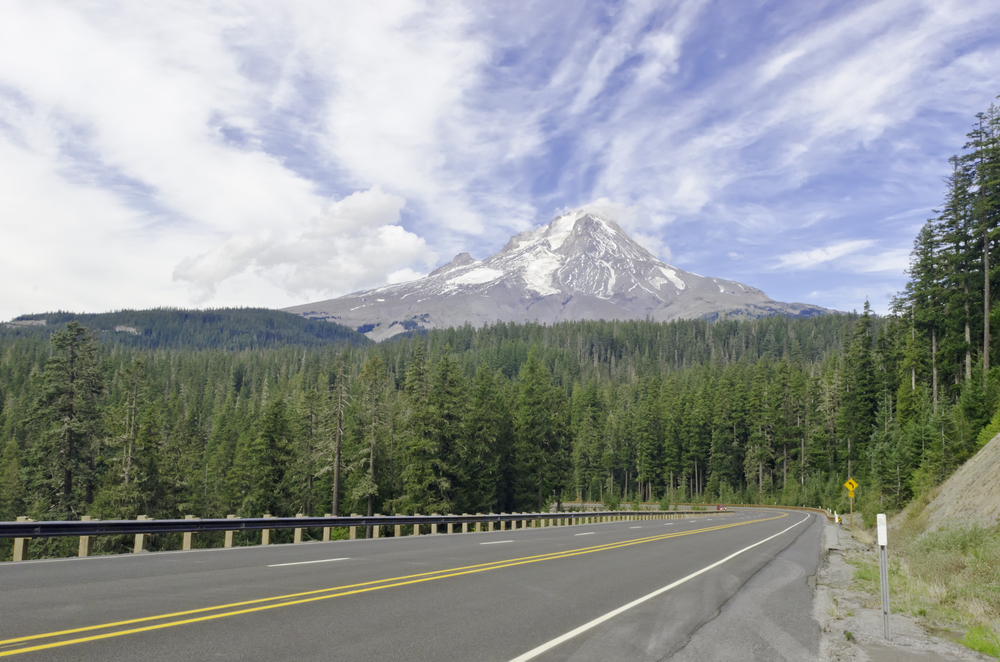 View of volcanic Mt. Hood, highest mountain in Oregon (11,249 feet, or 3,429 meters) and training ground for winter athletes, from Mount Hood Highway No. 26 in September
