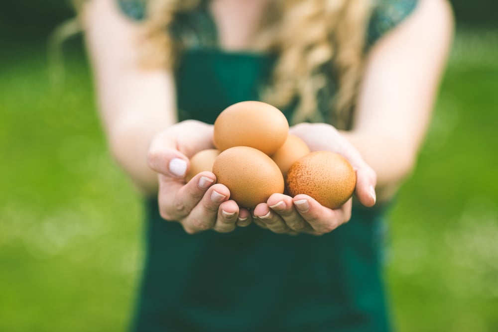 Young woman showing eggs standing on a lawn